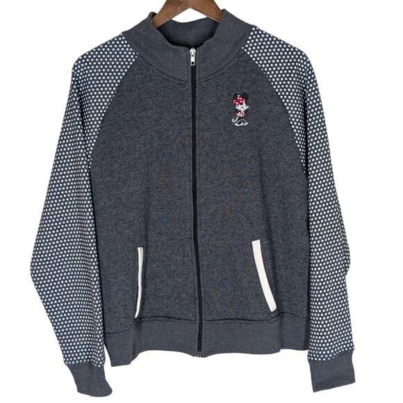 Disney Parks Tops - Disney Parks Minnie Mouse Polka Dot Zip Up Raglan Fleece Gray Bomber Jacket XL